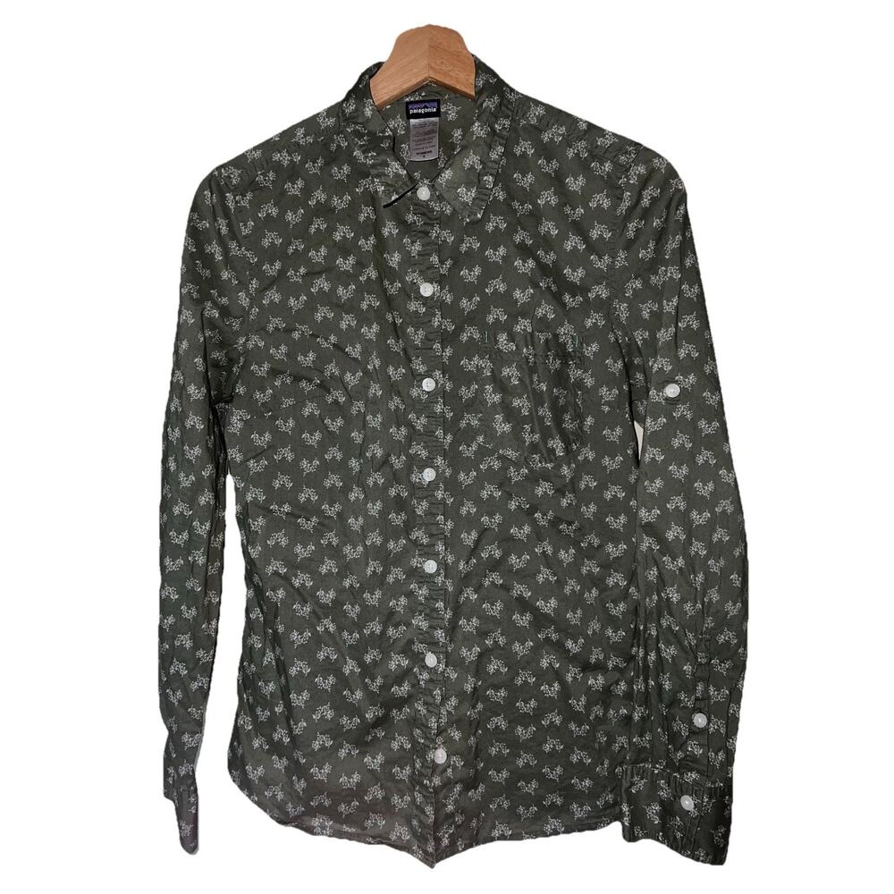 Patagonia Floral Print Long Sleeve Shirt Khaki White Womens Size 6